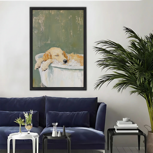 Sleeping Golden Retriever Bathtub Vintage Oil Painting Canvas Art|Liberty Signs #L1694