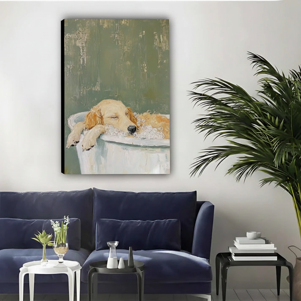 Sleeping Golden Retriever Bathtub Vintage Oil Painting Canvas Art|Liberty Signs #L1694