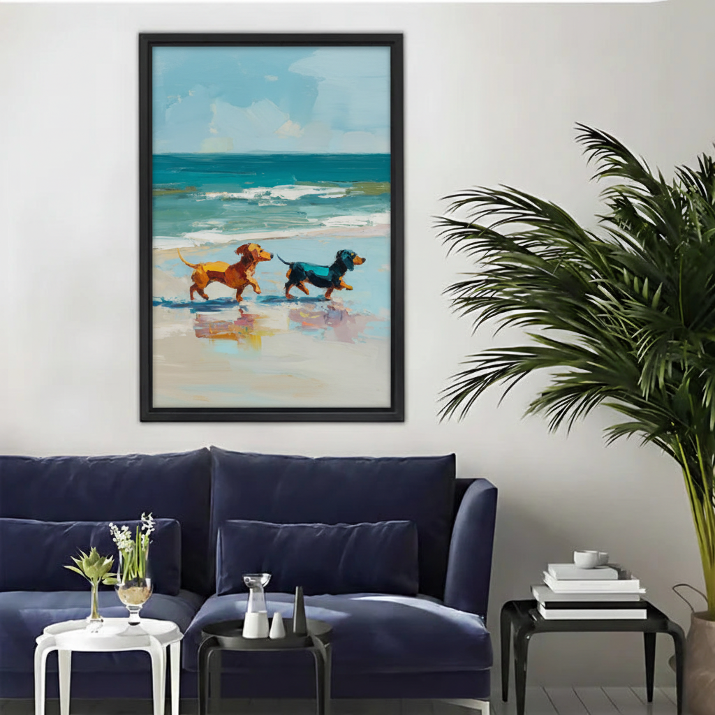 Dachshund Dogs Beach Walk Impressionist Oil Painting Framed Canvas|Liberty Signs #L1696