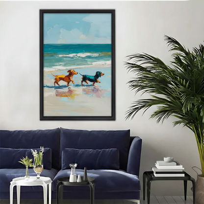 Dachshund Dogs Beach Walk Impressionist Oil Painting Framed Canvas|Liberty Signs #L1696