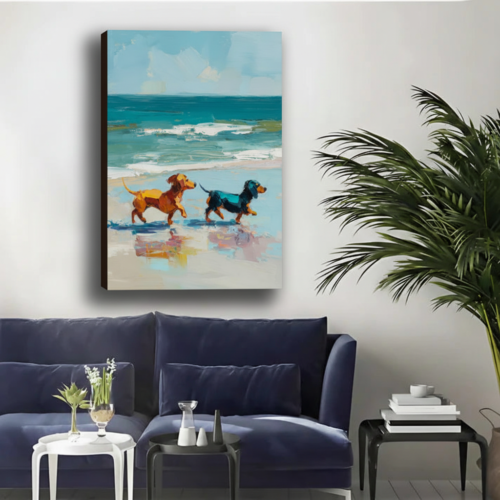 Dachshund Dogs Beach Walk Impressionist Oil Painting Framed Canvas|Liberty Signs #L1696
