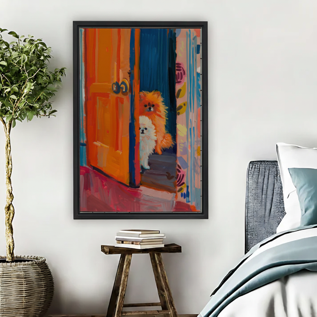 Two Pomeranians at the Door Colorful Framed Canvas Wall Art|Liberty Signs #L1697