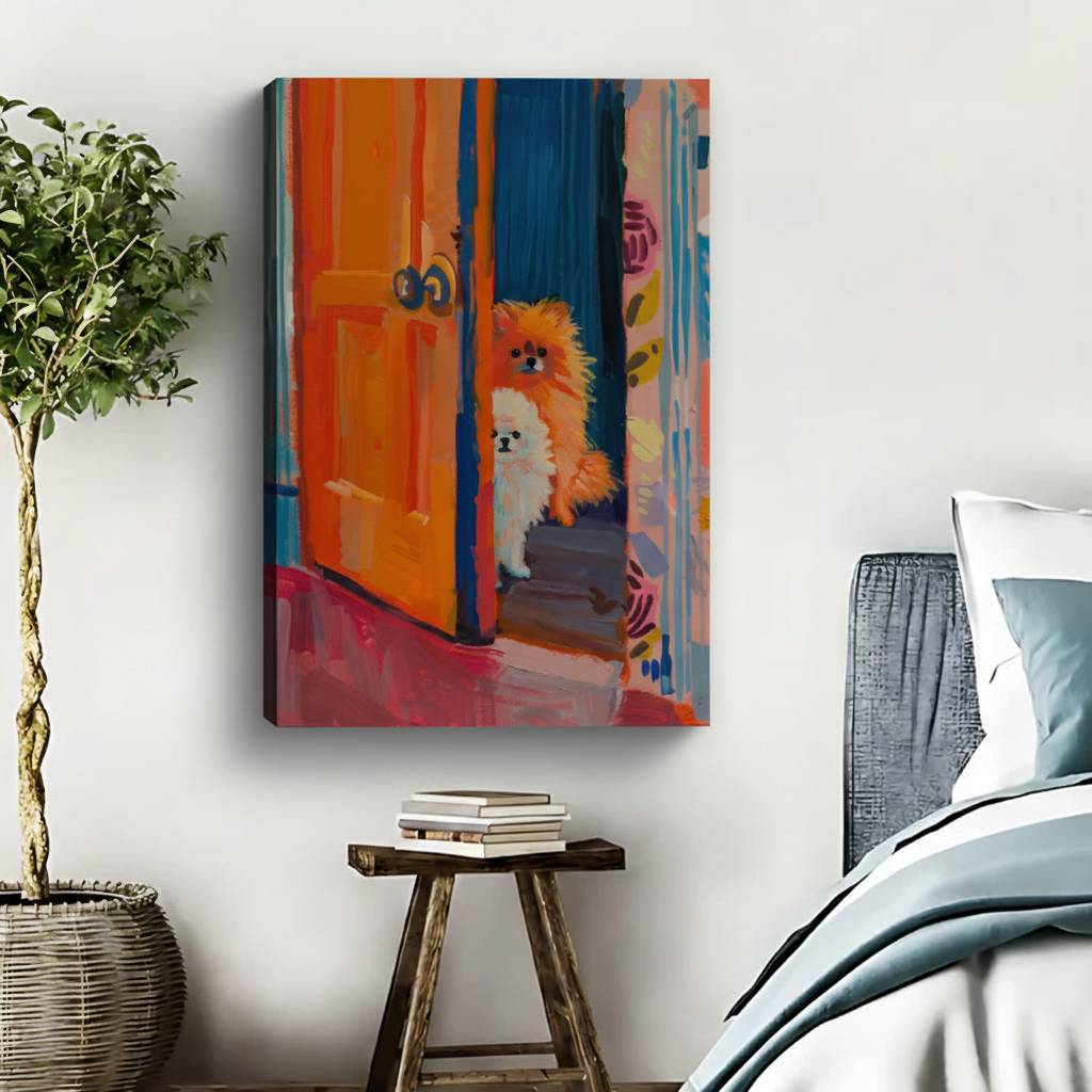 Two Pomeranians at the Door Colorful Framed Canvas Wall Art|Liberty Signs #L1697