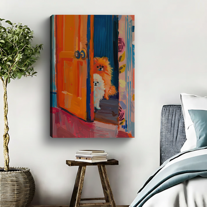 Two Pomeranians at the Door Colorful Framed Canvas Wall Art|Liberty Signs #L1697