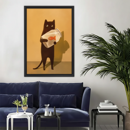 Black Cat Holding Goldfish Funny Framed Canvas Wall Art|Liberty Signs #L1698