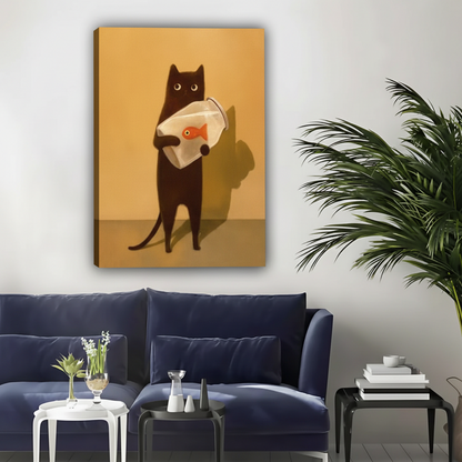 Black Cat Holding Goldfish Funny Framed Canvas Wall Art|Liberty Signs #L1698
