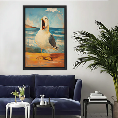 Funny Screaming Seagull Beach Oil Painting Framed Canvas Art|Liberty Signs #L1700