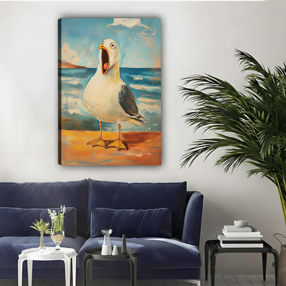 Funny Screaming Seagull Beach Oil Painting Framed Canvas Art|Liberty Signs #L1700