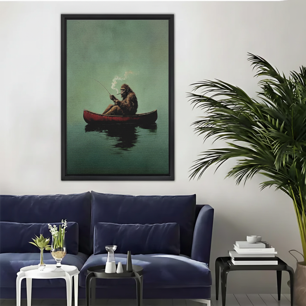 Gorilla Fishing in Canoe Moody Framed Canvas Wall Art|Liberty Signs #L1701
