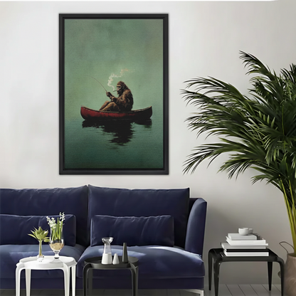 Gorilla Fishing in Canoe Moody Framed Canvas Wall Art|Liberty Signs #L1701
