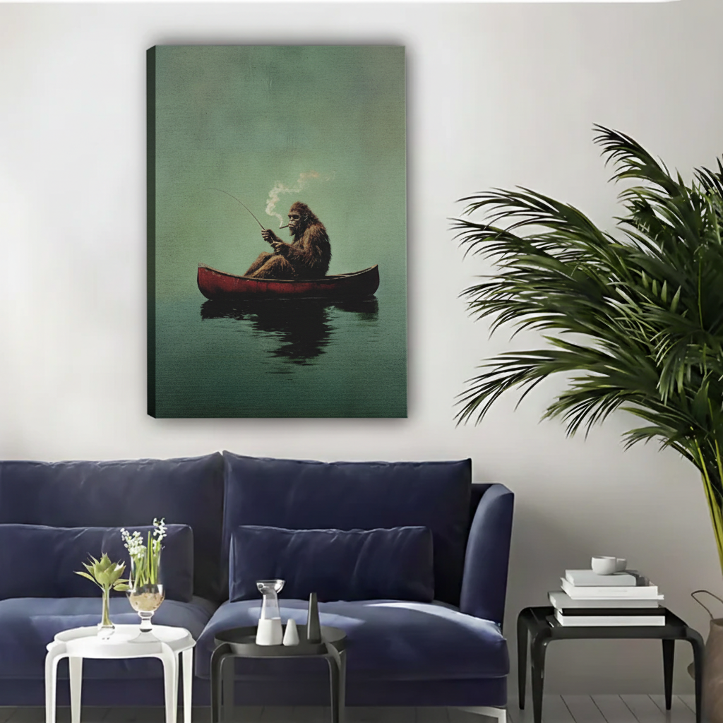 Gorilla Fishing in Canoe Moody Framed Canvas Wall Art|Liberty Signs #L1701