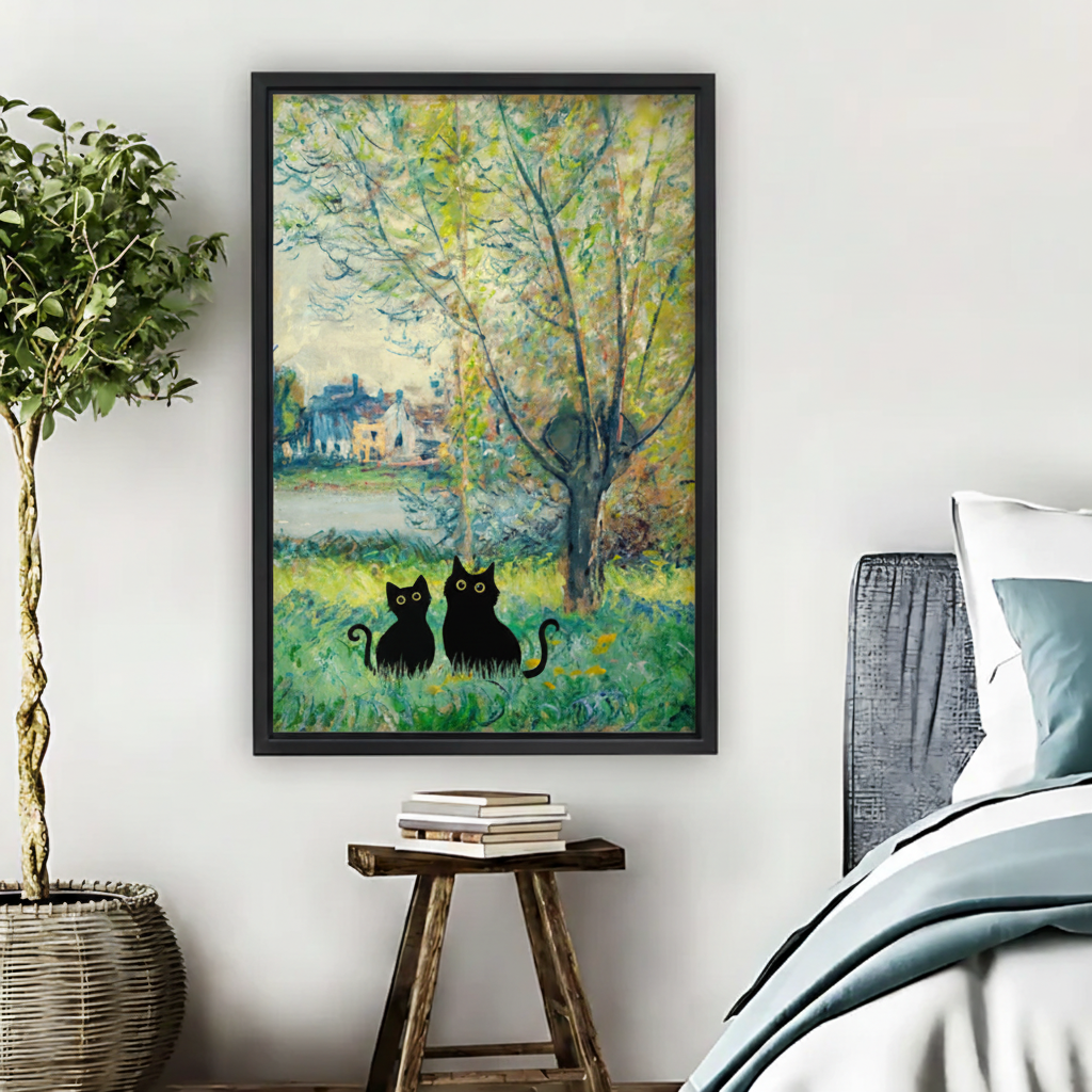 Black Cats in Monet Garden Framed Canvas Wall Art Print|Liberty Signs #L1708