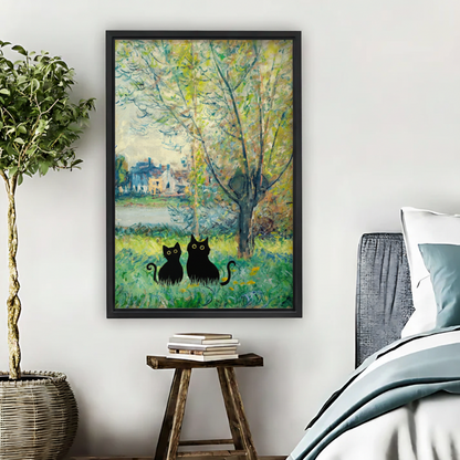 Black Cats in Monet Garden Framed Canvas Wall Art Print|Liberty Signs #L1708