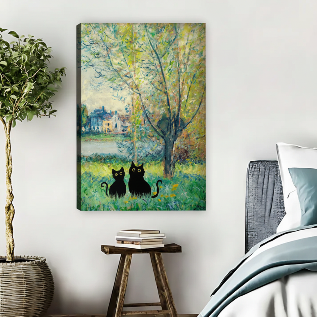 Black Cats in Monet Garden Framed Canvas Wall Art Print|Liberty Signs #L1708