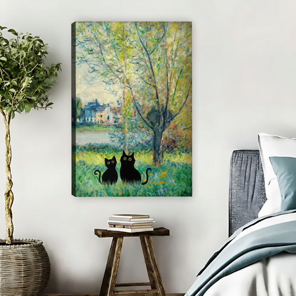 Black Cats in Monet Garden Framed Canvas Wall Art Print|Liberty Signs #L1708