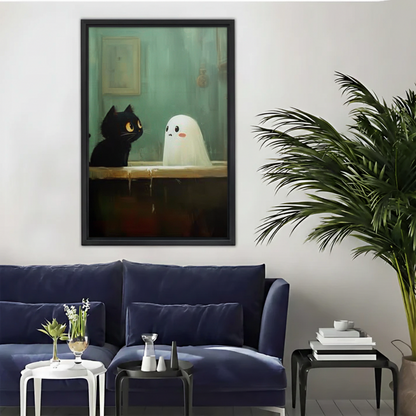 Black Cat and Ghost Bathroom Framed Canvas Wall Art|Liberty Signs #L1717