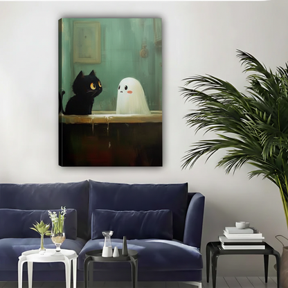 Black Cat and Ghost Bathroom Framed Canvas Wall Art|Liberty Signs #L1717