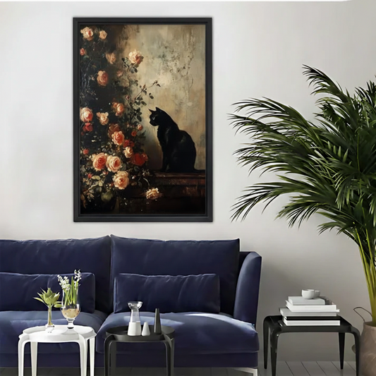 Elegant Black Cat Rose Floral Framed Canvas Wall Art|Liberty Signs #L1719