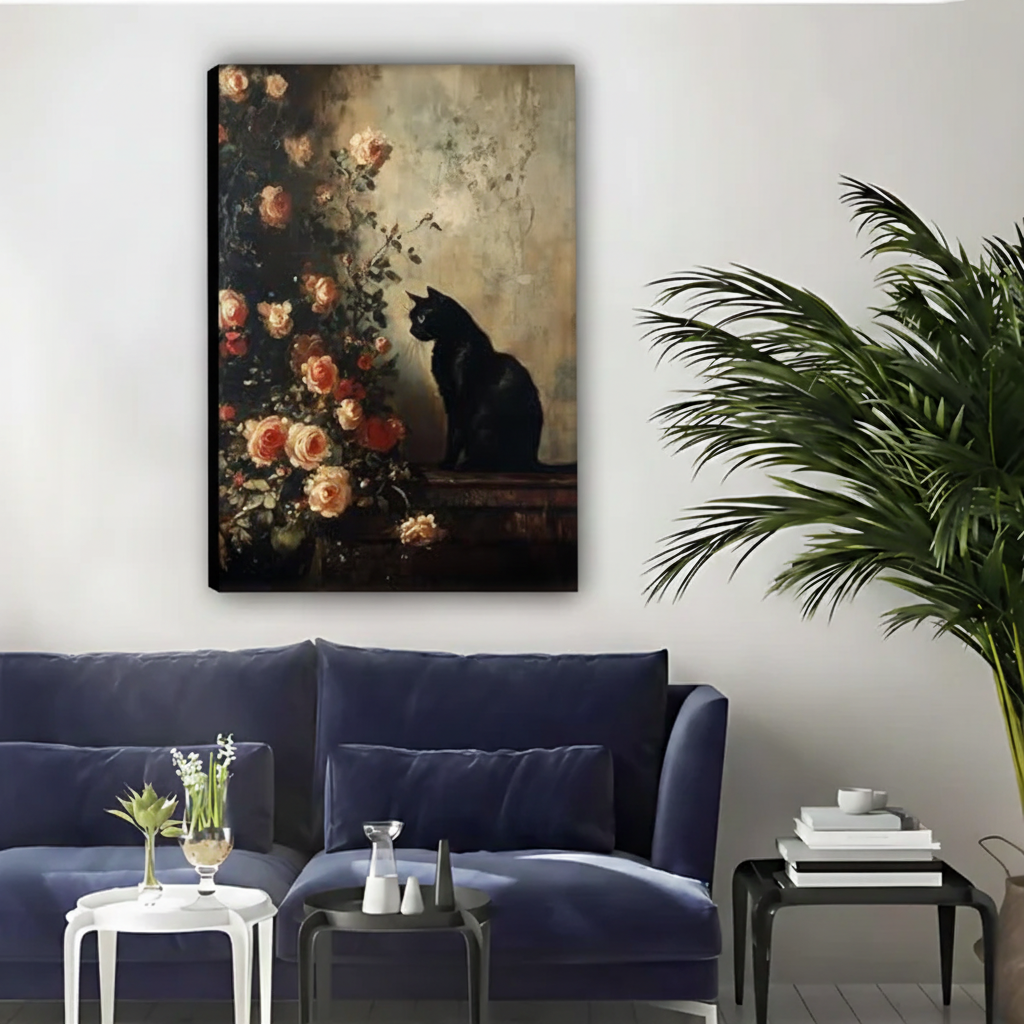 Elegant Black Cat Rose Floral Framed Canvas Wall Art|Liberty Signs #L1719