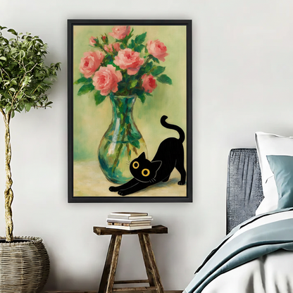 Black Cat Stretching Rose Vase Framed Canvas Wall Art|Liberty Signs #L1720