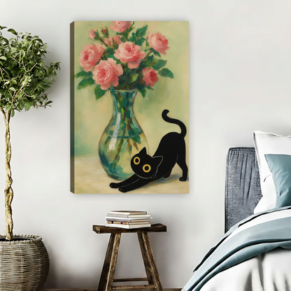 Black Cat Stretching Rose Vase Framed Canvas Wall Art|Liberty Signs #L1720