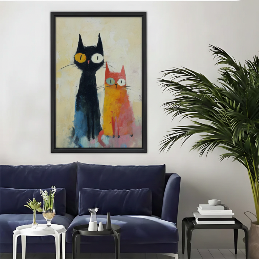 Quirky Cat Couple Wall Art – Colorful Abstract Framed Canvas|Liberty Signs #L1722