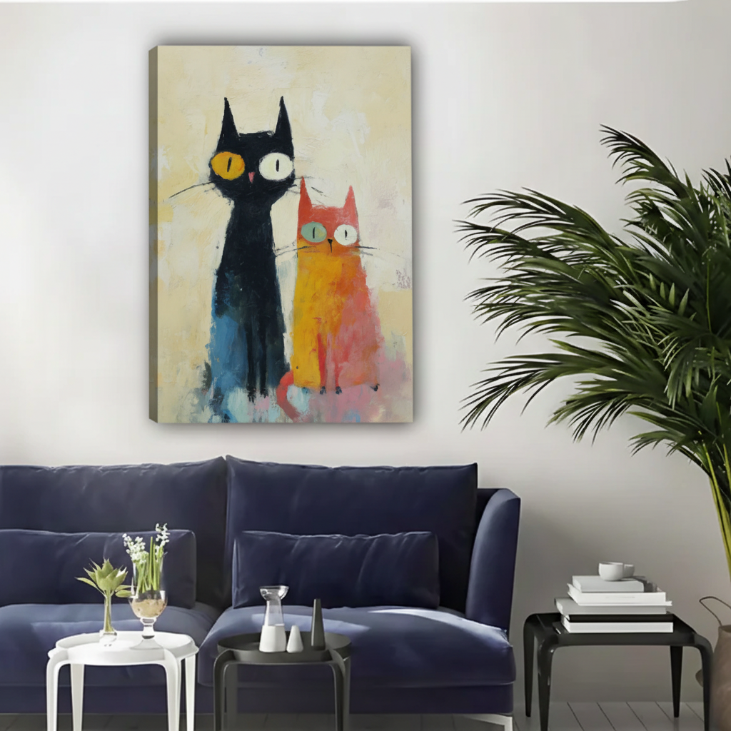 Quirky Cat Couple Wall Art – Colorful Abstract Framed Canvas|Liberty Signs #L1722