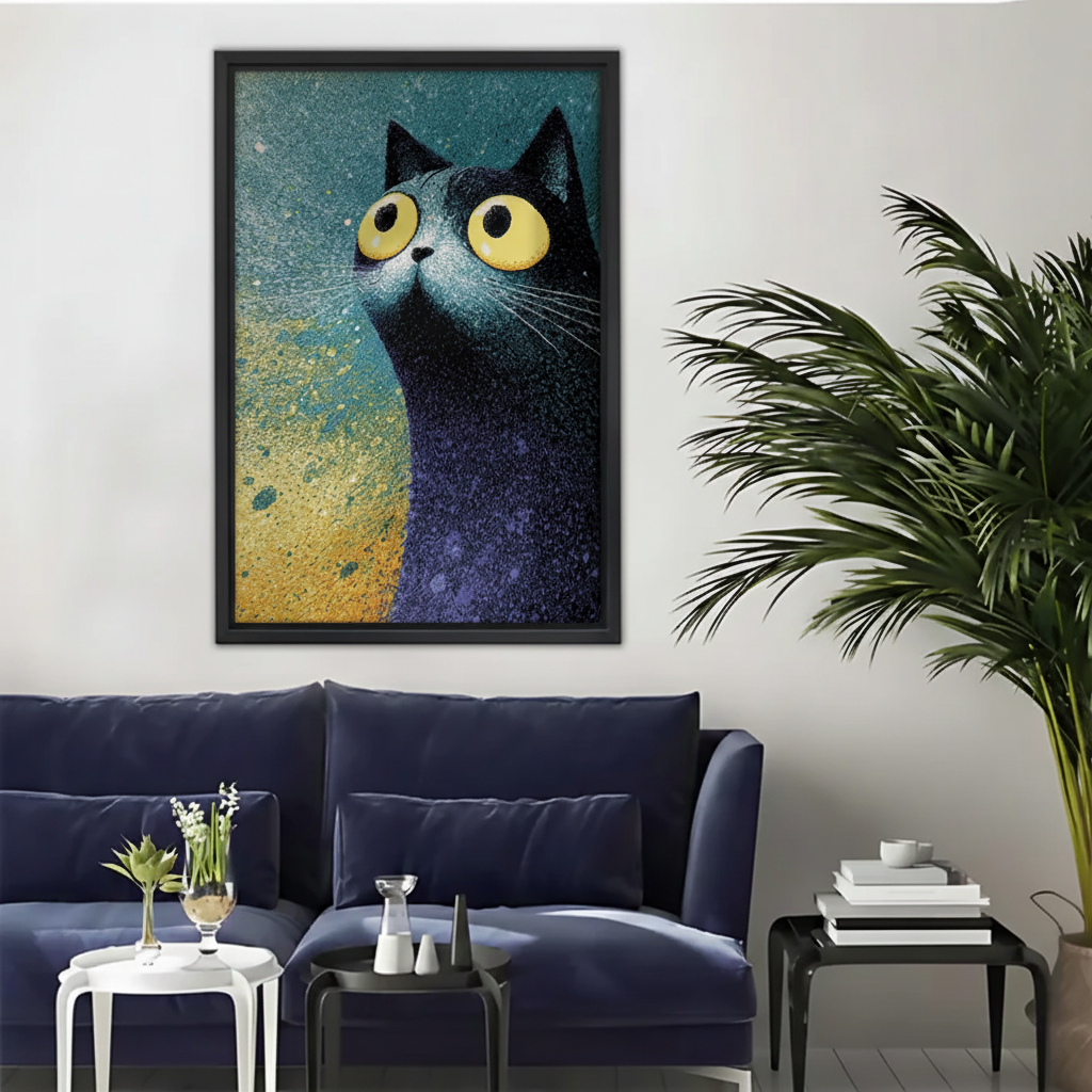 Wide-Eyed Black Cat Wall Art – Textured Framed Canvas Print|Liberty Signs#L1724