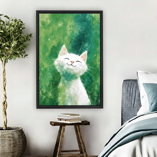 Happy White Cat Wall Art – Green Framed Canvas Print|Liberty Signs#L1725