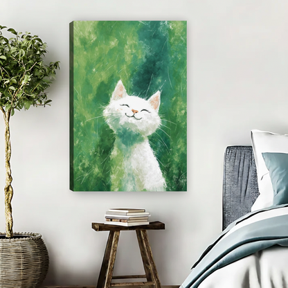 Happy White Cat Wall Art – Green Framed Canvas Print|Liberty Signs#L1725