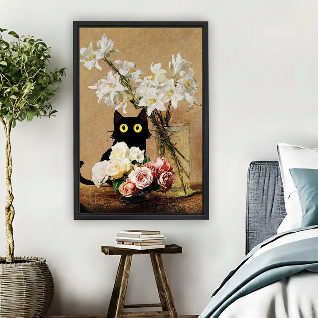 Black Cat & Floral Still Life Wall Art – Framed Canvas|Liberty Signs#L1727