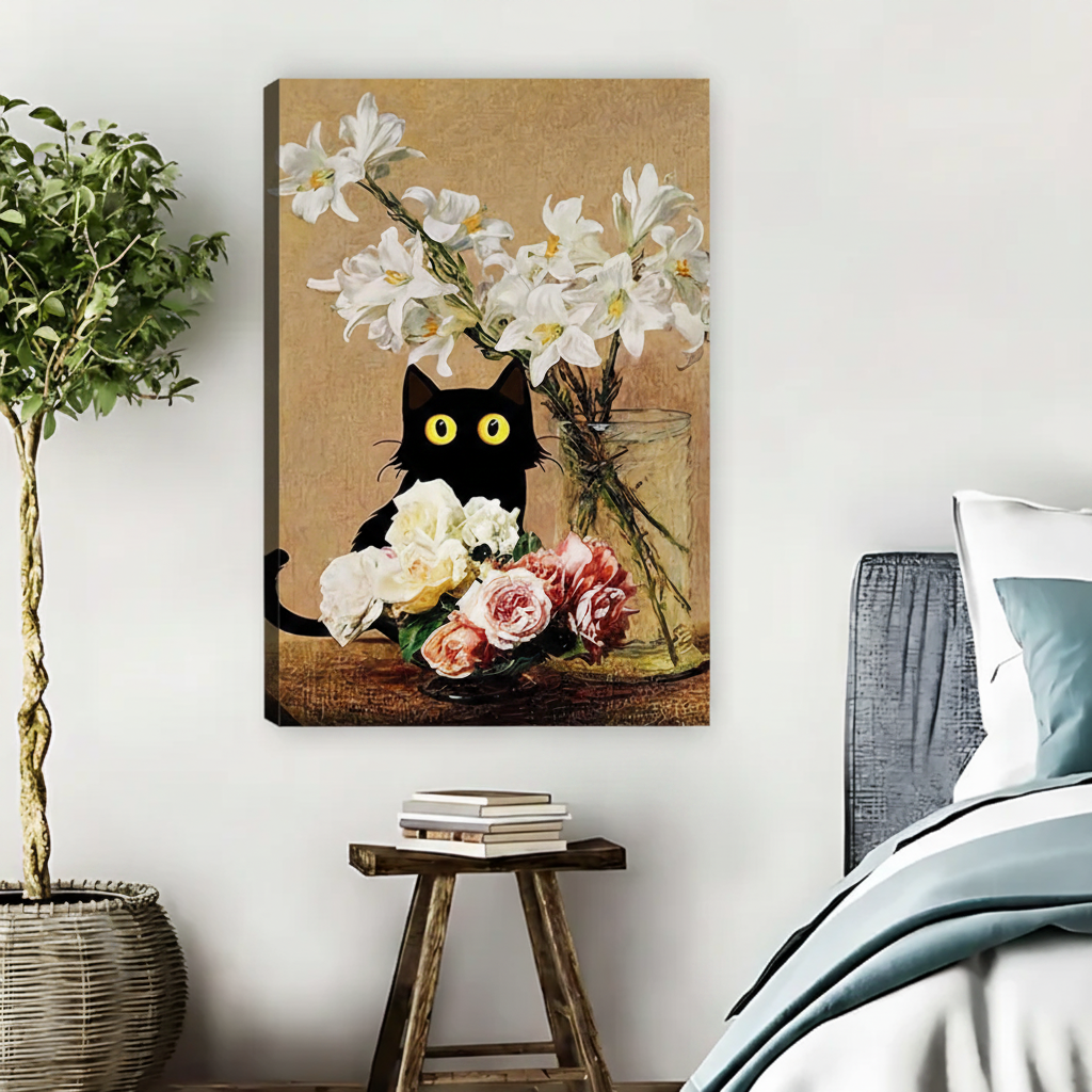 Black Cat & Floral Still Life Wall Art – Framed Canvas|Liberty Signs#L1727