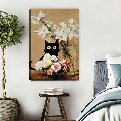 Black Cat & Floral Still Life Wall Art – Framed Canvas|Liberty Signs#L1727