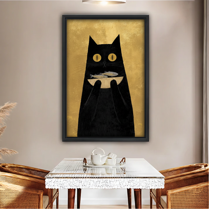 Black Cat Holding Fish Wall Art – Gold Framed Canvas|Liberty Signs#L1728