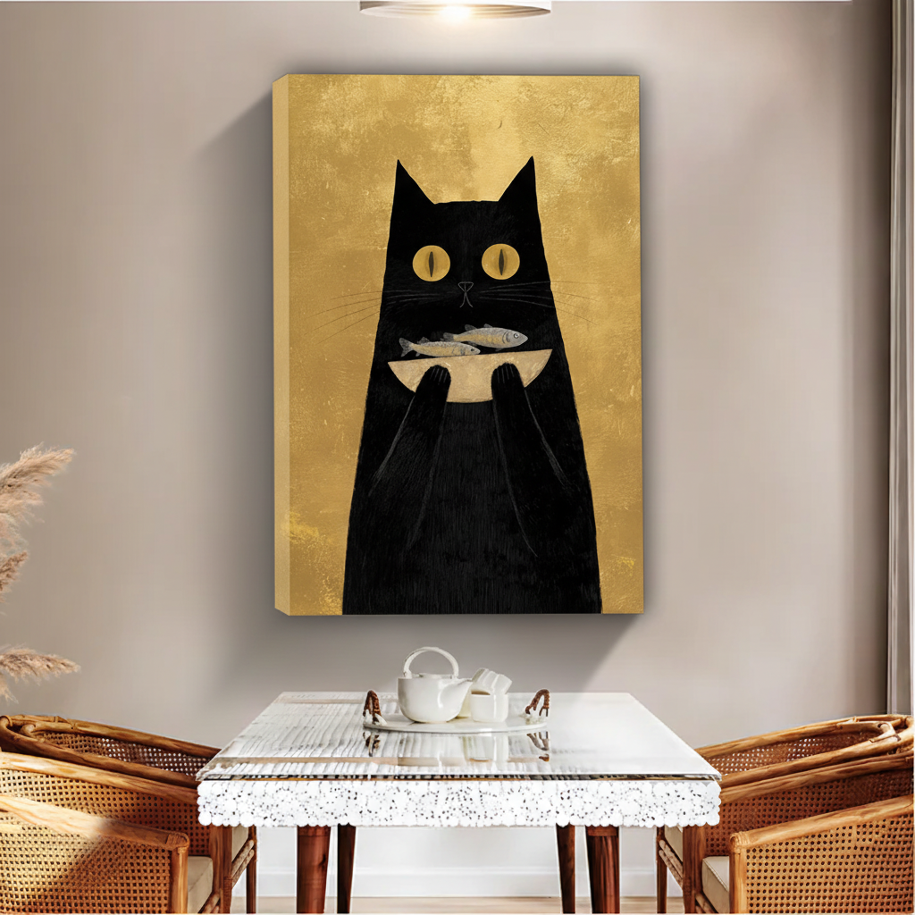Black Cat Holding Fish Wall Art – Gold Framed Canvas|Liberty Signs#L1728
