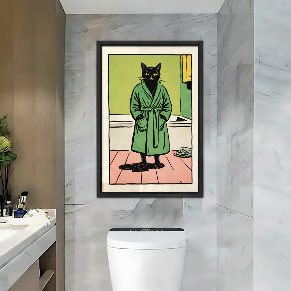 Black Cat in Green Robe Bathroom Wall Art – Framed Print|Liberty Signs#L1730