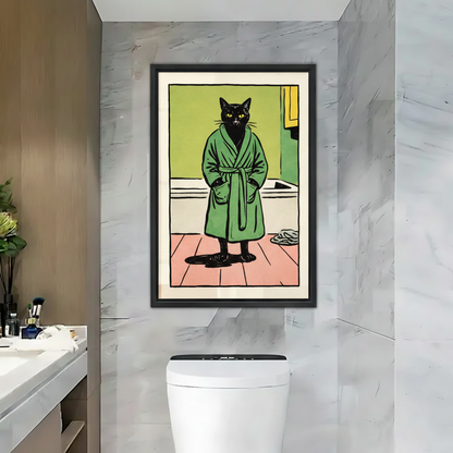 Black Cat in Green Robe Bathroom Wall Art – Framed Print|Liberty Signs#L1730