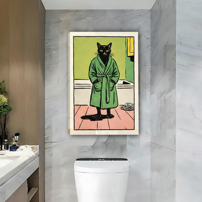 Black Cat in Green Robe Bathroom Wall Art – Framed Print|Liberty Signs#L1730