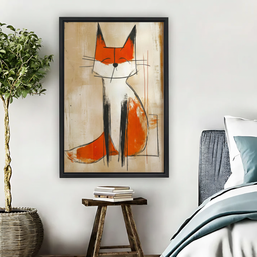 Abstract Orange Cat Wall Art – Mid-Century Framed Canvas Print|Liberty Signs#L1731