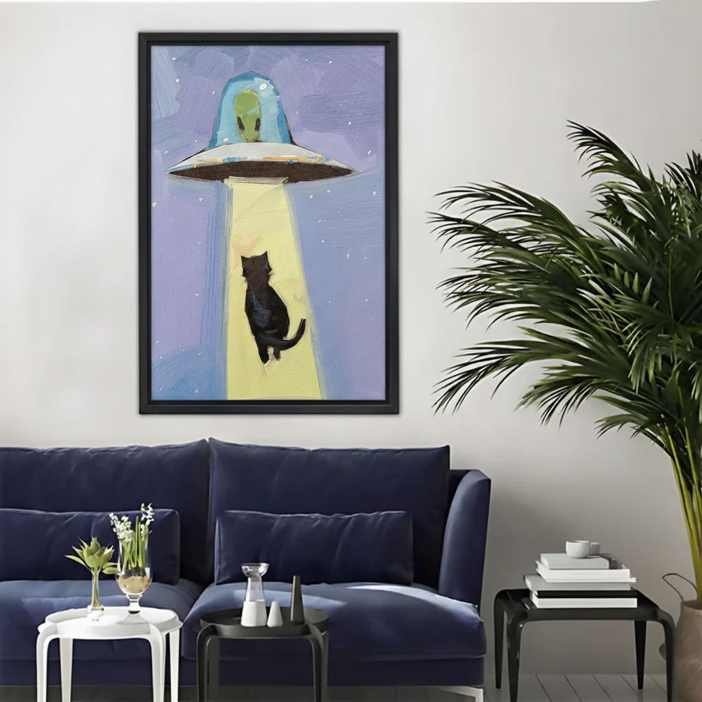 Alien Abduction Black Cat Wall Art – Framed Canvas Print|Liberty Signs#L1732