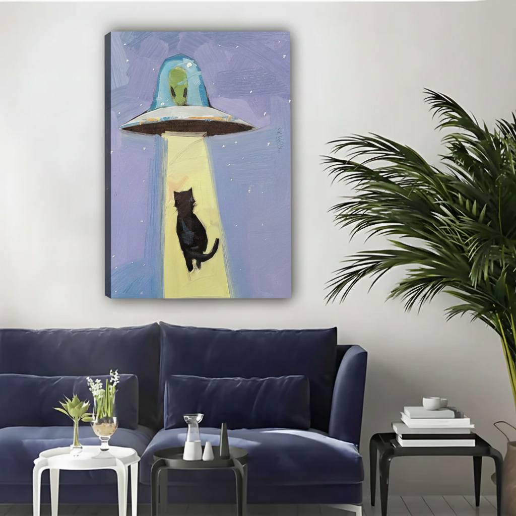 Alien Abduction Black Cat Wall Art – Framed Canvas Print|Liberty Signs#L1732