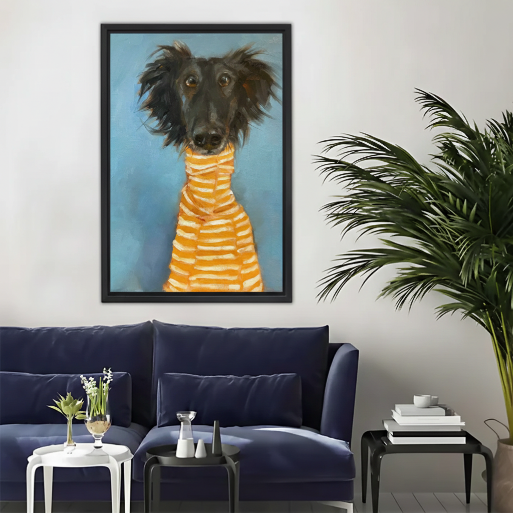 Funny Dog in Striped Sweater Wall Art – Framed Canvas|Liberty Signs#L1734