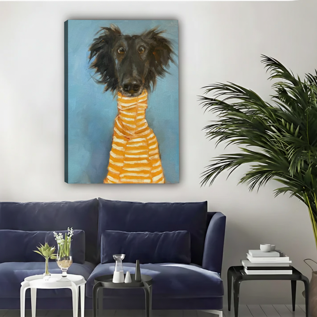 Funny Dog in Striped Sweater Wall Art – Framed Canvas|Liberty Signs#L1734