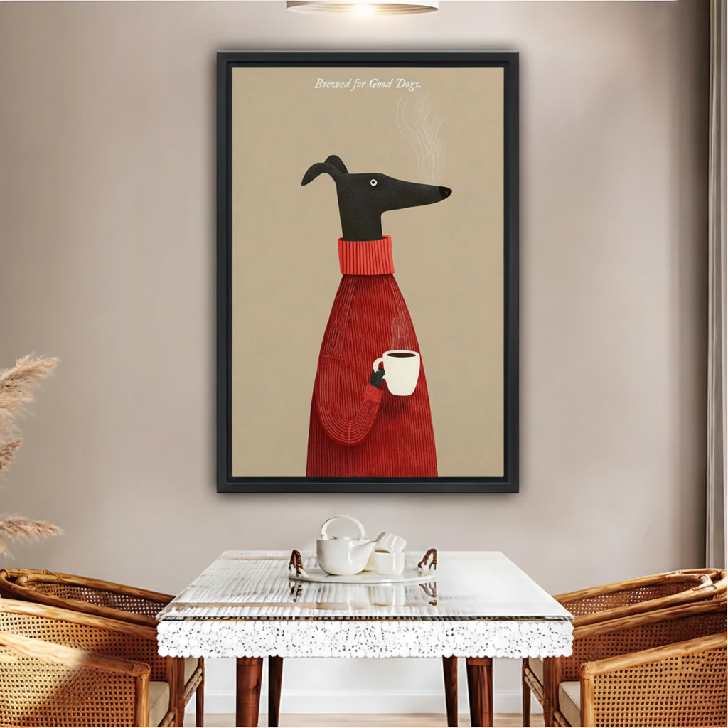 Greyhound Coffee Dog Wall Art – Cozy Framed Canvas Print|Liberty Signs#L1735