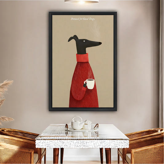 Greyhound Coffee Dog Wall Art – Cozy Framed Canvas Print|Liberty Signs#L1735