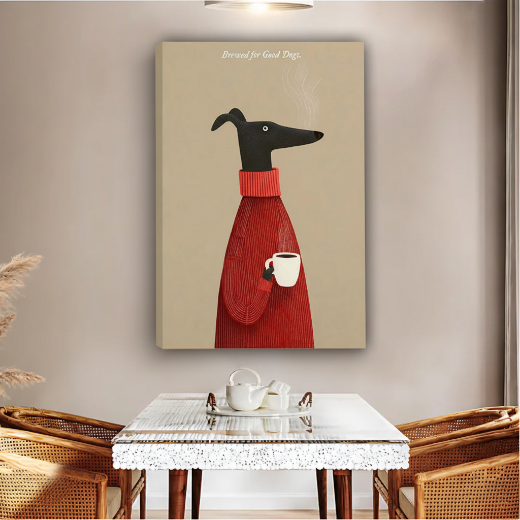 Greyhound Coffee Dog Wall Art – Cozy Framed Canvas Print|Liberty Signs#L1735