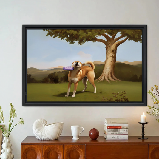 Shiba Inu Frisbee Wall Art – Whimsical Framed Canvas Print|Liberty Signs#L1736