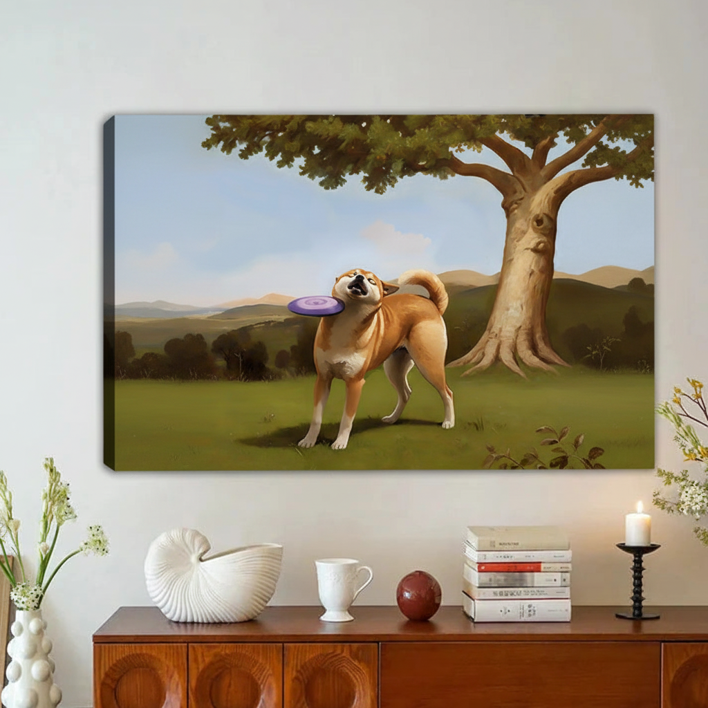 Shiba Inu Frisbee Wall Art – Whimsical Framed Canvas Print|Liberty Signs#L1736