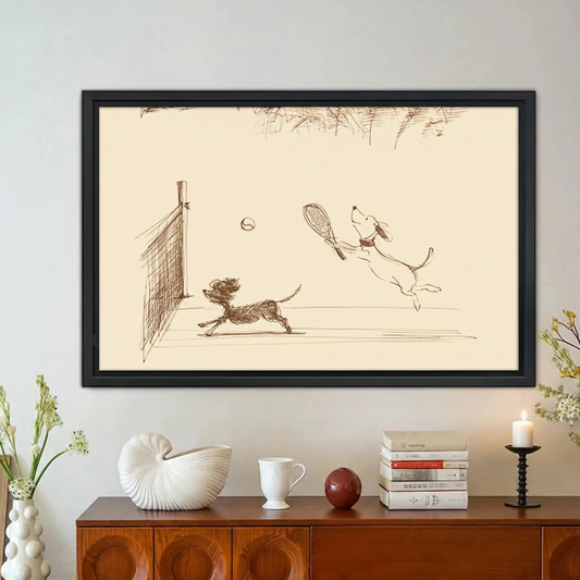 Dogs Playing Tennis Wall Art – Vintage Sketch Framed Canvas|Liberty Signs#L1737