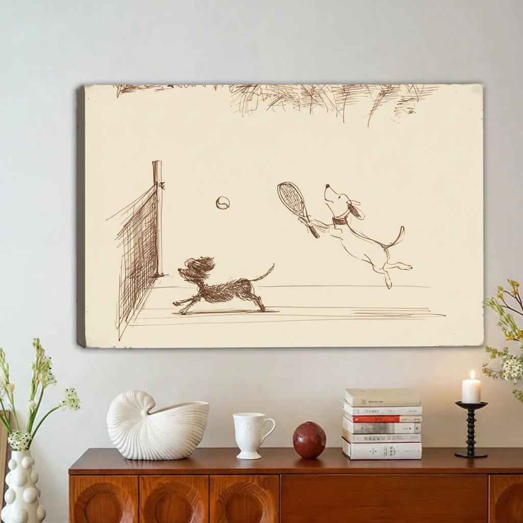 Dogs Playing Tennis Wall Art – Vintage Sketch Framed Canvas|Liberty Signs#L1737